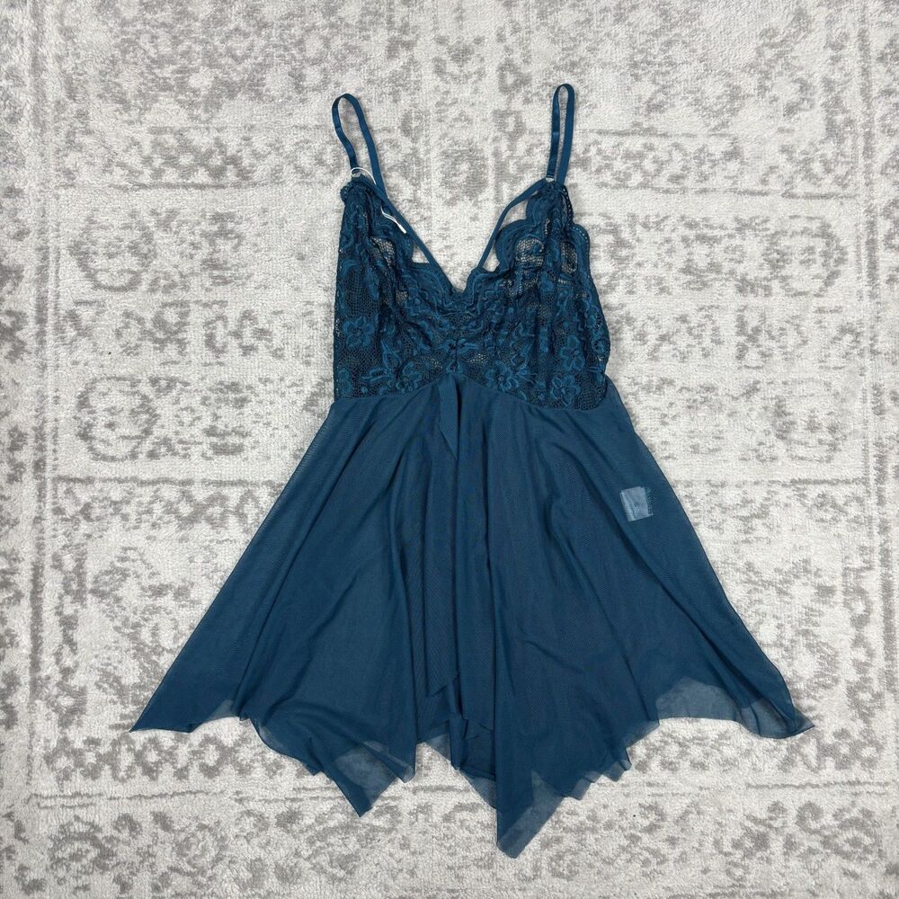 Lace Slip Dress Blue Sheer Lingerie Nightgown Floral Size Small